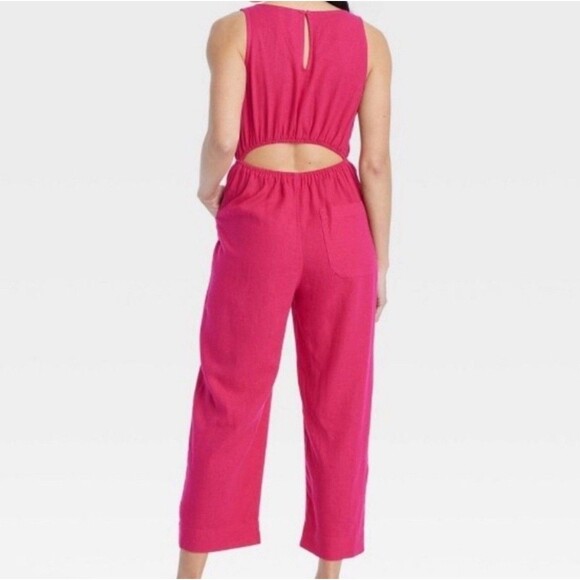 Universal Thread Linen Jumpsuit Plus Sz XXL Pink VNeck Cutout Back Elastic Waist - Picture 2 of 9